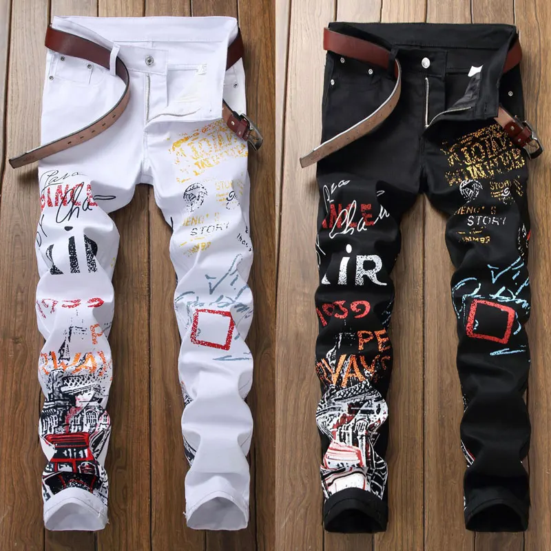 High Street Fashion Mens Jeans Night Club Black White Color Personal Designer Printed Jeans Men Punk Pants Slim Hip Hop Jeans