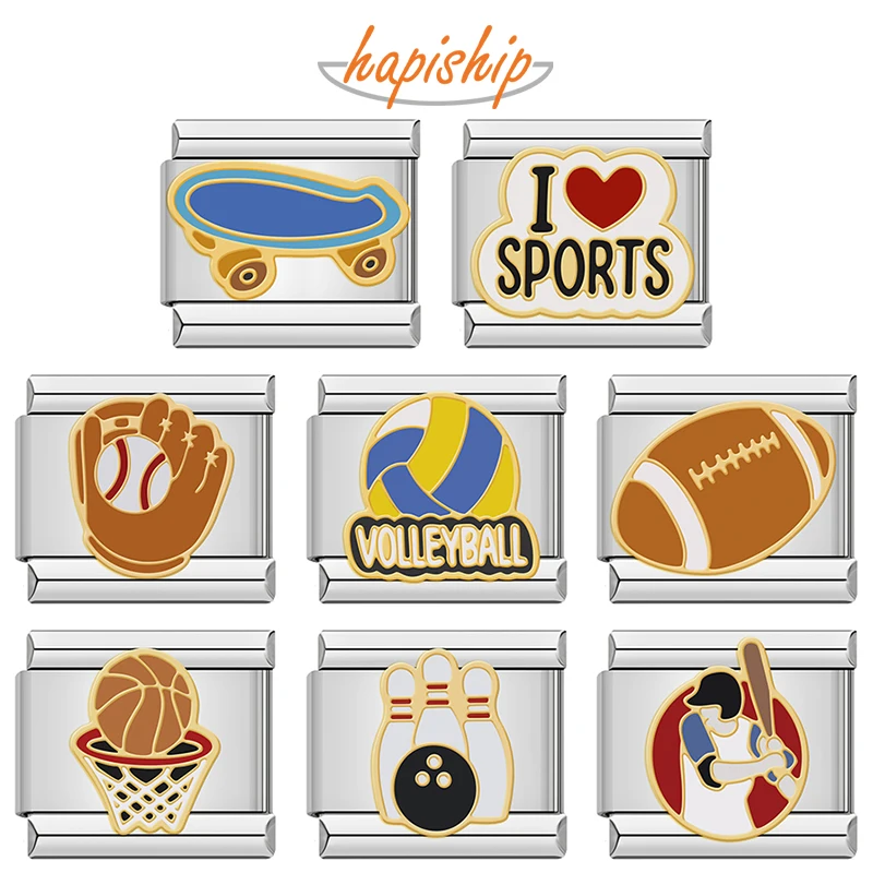 Hapiship Basketball Volleyball Bowling Skateboard Baseball Rugby Italian Charms Fit 9mm Stainless Steel Bracelet Jewelry DJ1808