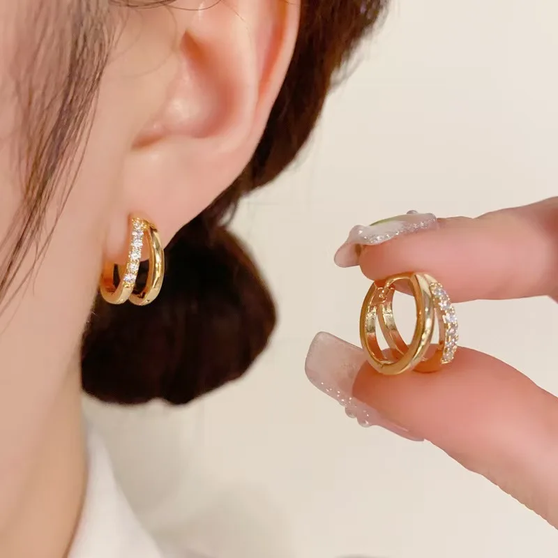 Super Flash Inlaid Zircon Double Hoop Ear Clips - Exquisite, Compact, and Versatile Design Earrings Jewelry
