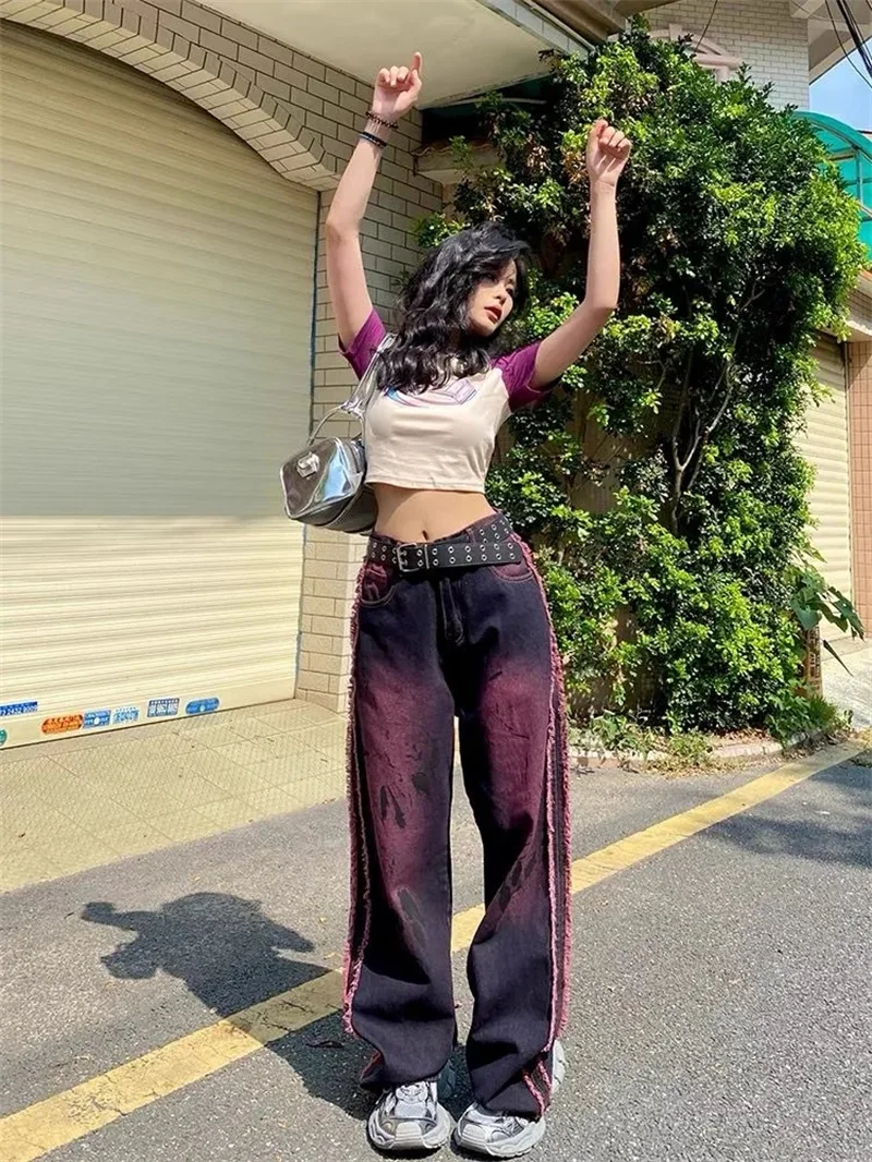 

American Heavy Industry Makes Old Raw Edge Tie-Dyed Jeans Female Summer Spice Girl Retro Straight High Waist Wide Leg Long Pants