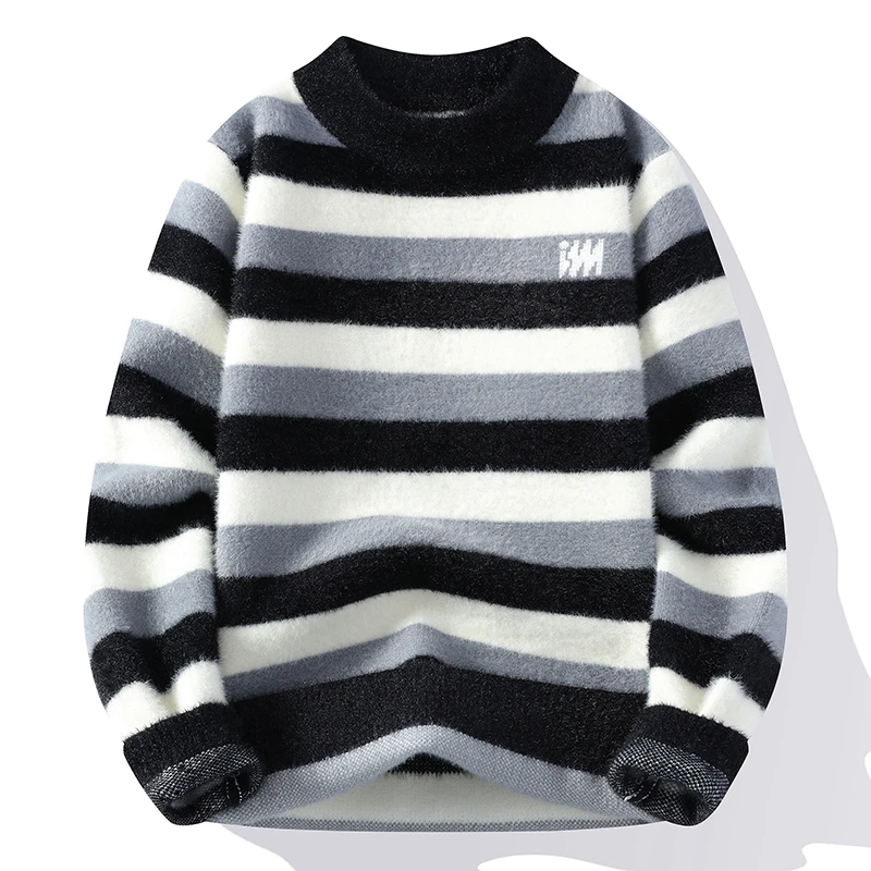 

2025 Men's Knitted Striped Color Blocked Winter Warm Mink Fiber Base Loose Sweater Suitable Teenagers Casual Youth