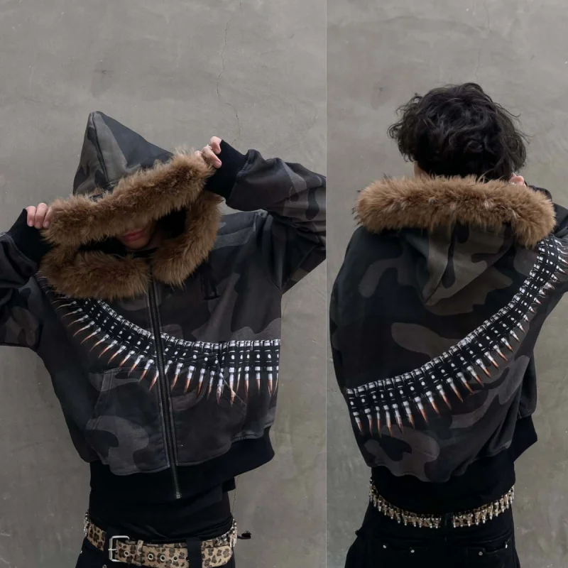 Autumn and Winter New American Street Hip Hop Camouflage Fluffy Hoodie Men's and Women's Bullet Printed Hoodie