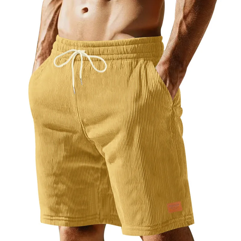 Verão masculino cor sólida rendas até calças esportivas veludo simples shorts de cinco pontos masculino casual respirável listra vertical shorts