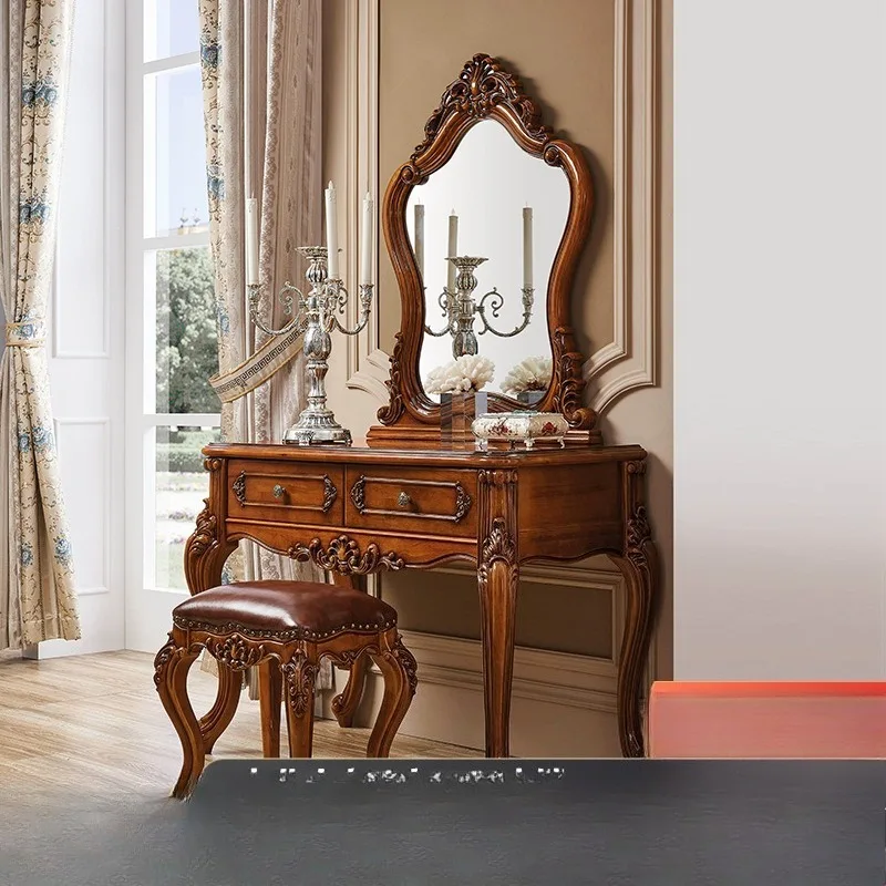 American dressing table Solid wood household small dressing table European carved dressing cabinet mirror