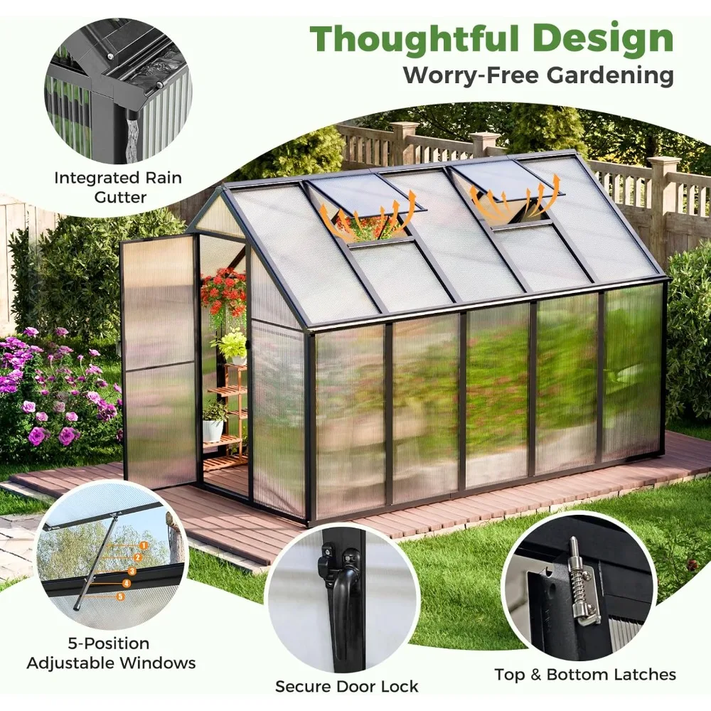 

6x10 Ft Aluminum Frame Outdoor Greenhouse, Polycarbonate Material, with Sliding Door, Walk-in Greenhouse Kit