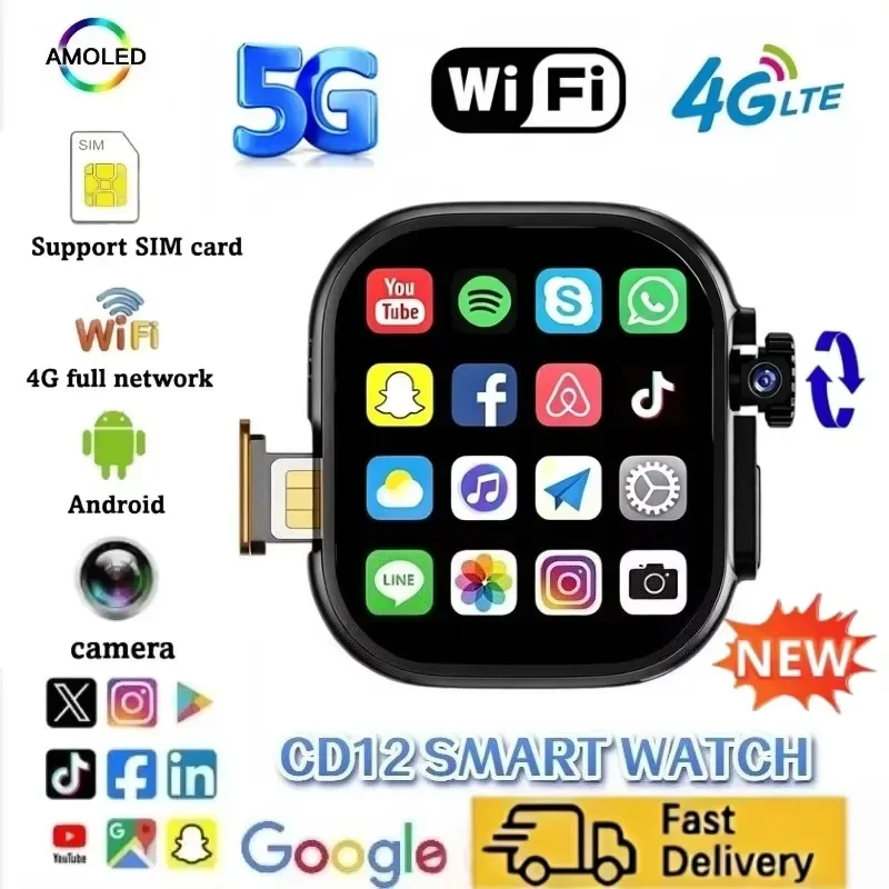 CD12 NEW Smart Watch  AMOLED 4G LTE Smartwatch 180° Rotary Camera GPS WiFi SIM Slot Health Monitoring with 1/4pcs Straps
