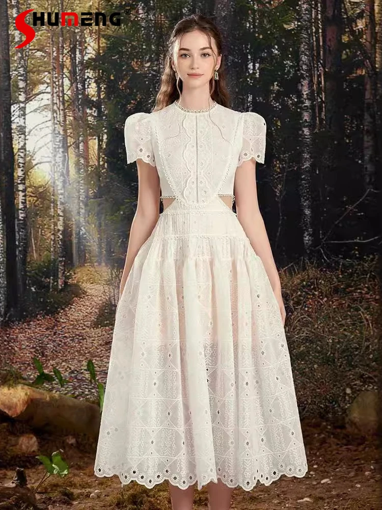 

Женское ажурное платье с коротким рукавом, Кружевное белое длинное платье А-силуэта с круглым вырезом, элегантное однотонное платье, лето 2024