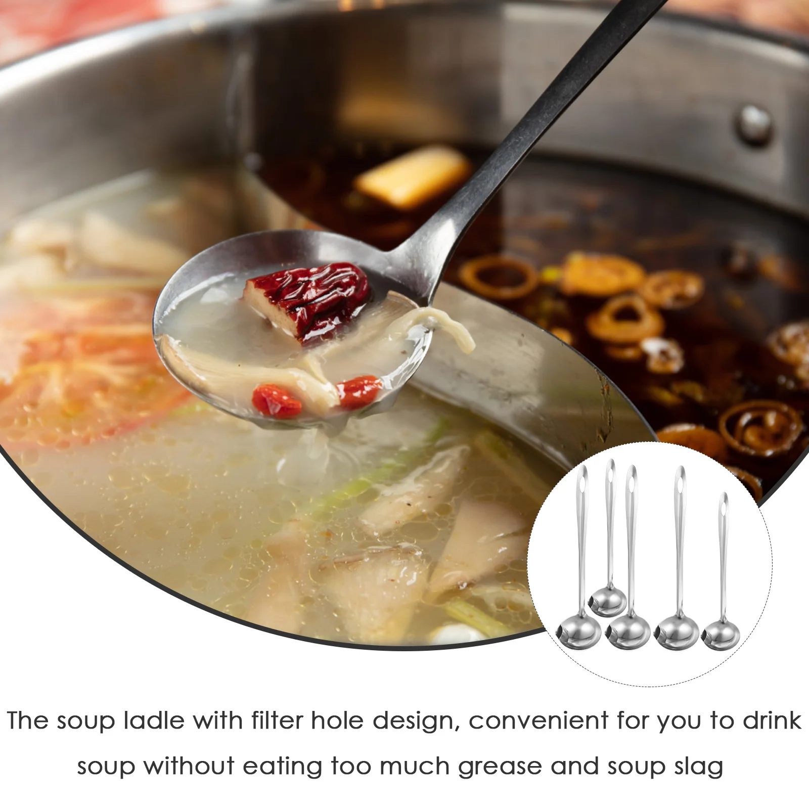 

5 шт., ковш-сепаратор масла, совок для супа из нержавеющей стали с отверстием для фильтра, маслоотделитель жира, скиммер с длинной ручкой для домашнего ресторана