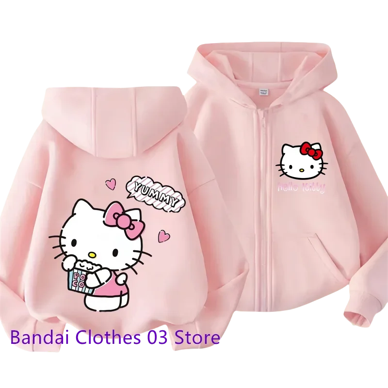 2024 Hello Kitty New Pin Zipper Hoodie Girls Sweatshirt Autumn/Winter Long Sleeve Jacket Harajuku Jumper Pin Casual Hoodie Top