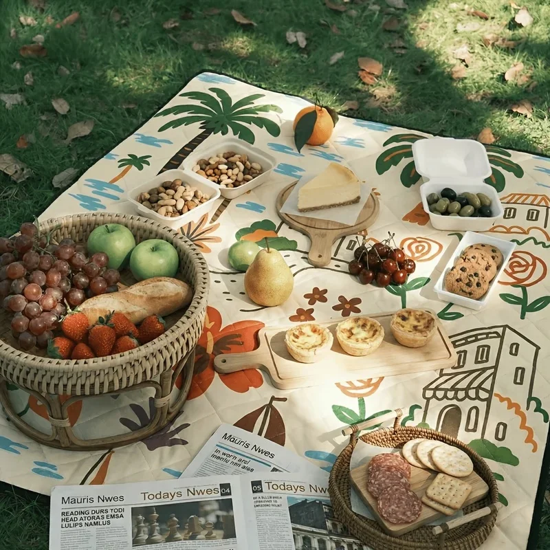 PU Coated Oxford Outdoor Picnic Blanket, Extra Large Padded Floral Fruit Printed Mat, Foldable with Strap for Beach Camping Trip