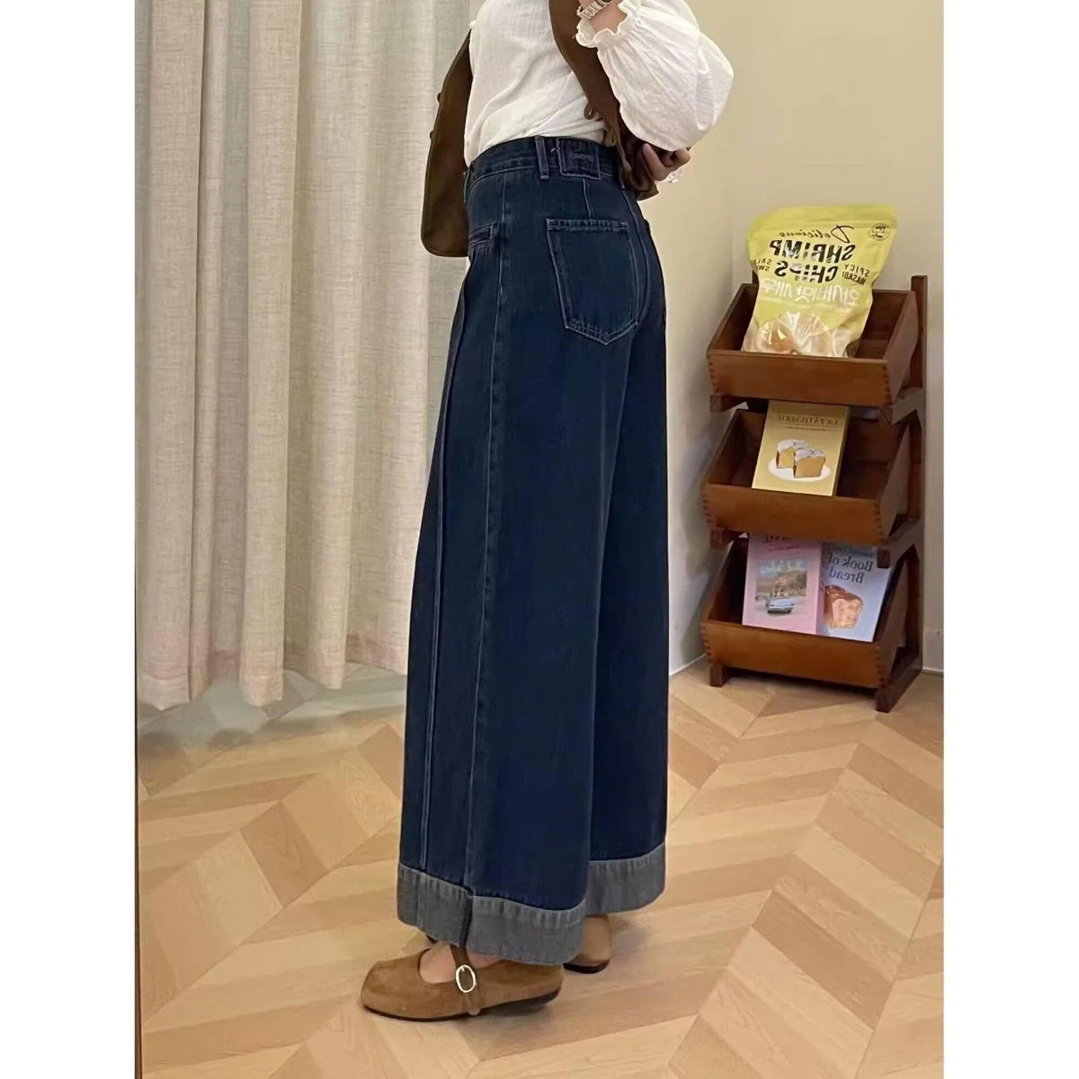 

Женские джинсы с высокой талией и широкими штанинами, осенняя новинка, маленькие размеры, с цветными вставками, повседневные, прямого кроя, укороченные, свободные, стройнящие