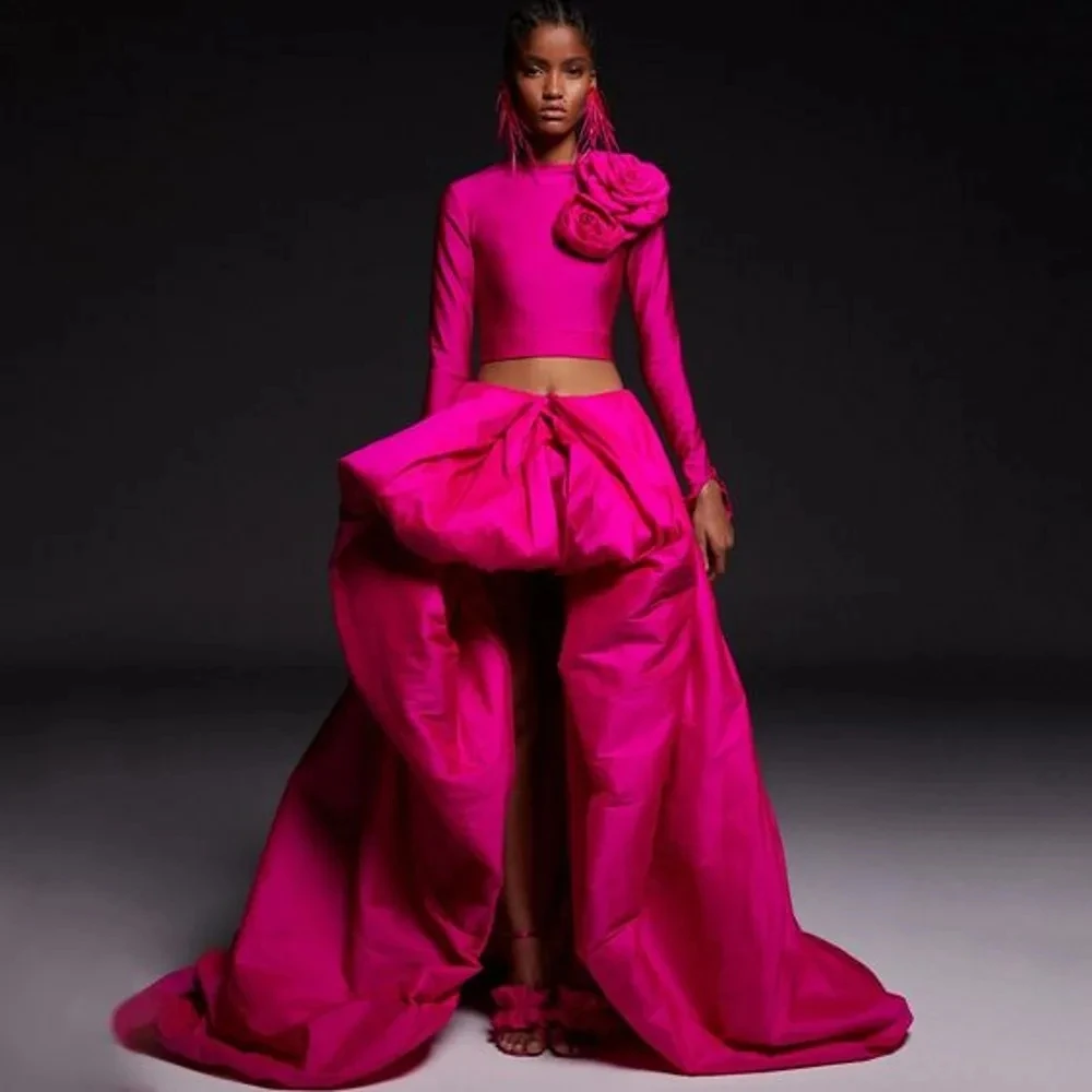 

Fuchsia Skirt To Party Floor Length Asymmetrical Maxi Skirts Zipper Waist High Low Long Women Skirts Thick Material