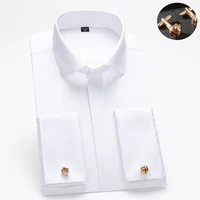Camisa con gemelos franceses para hombre, manga larga, corte ajustado, botones ocultos, color sólido, vestido de novia de gama alta, formal