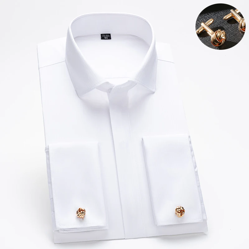 Męska francuska koszula z mankietami z długimi rękawami, slim fit, ukryte guziki, jednokolorowa, wysokiej klasy suknia ślubna, formalna męska