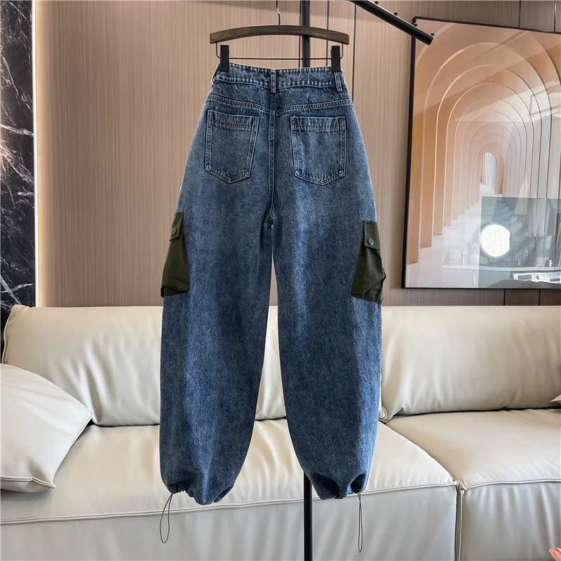 Fashion Patchwork Straight Jeans Women\'s New Elastic Waist Loose Personality Streetwear Oversized Drawstring Denim Harem Pants