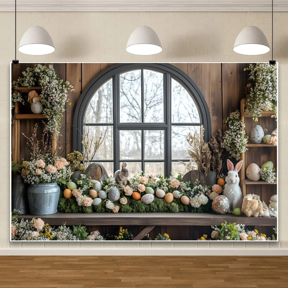 ربيع عيد الفصح حزب التصوير خلفية ملونة البيض أرنب نافذة مقوسة زهرة باقة الداخلية حزب خلفية استوديو الصور