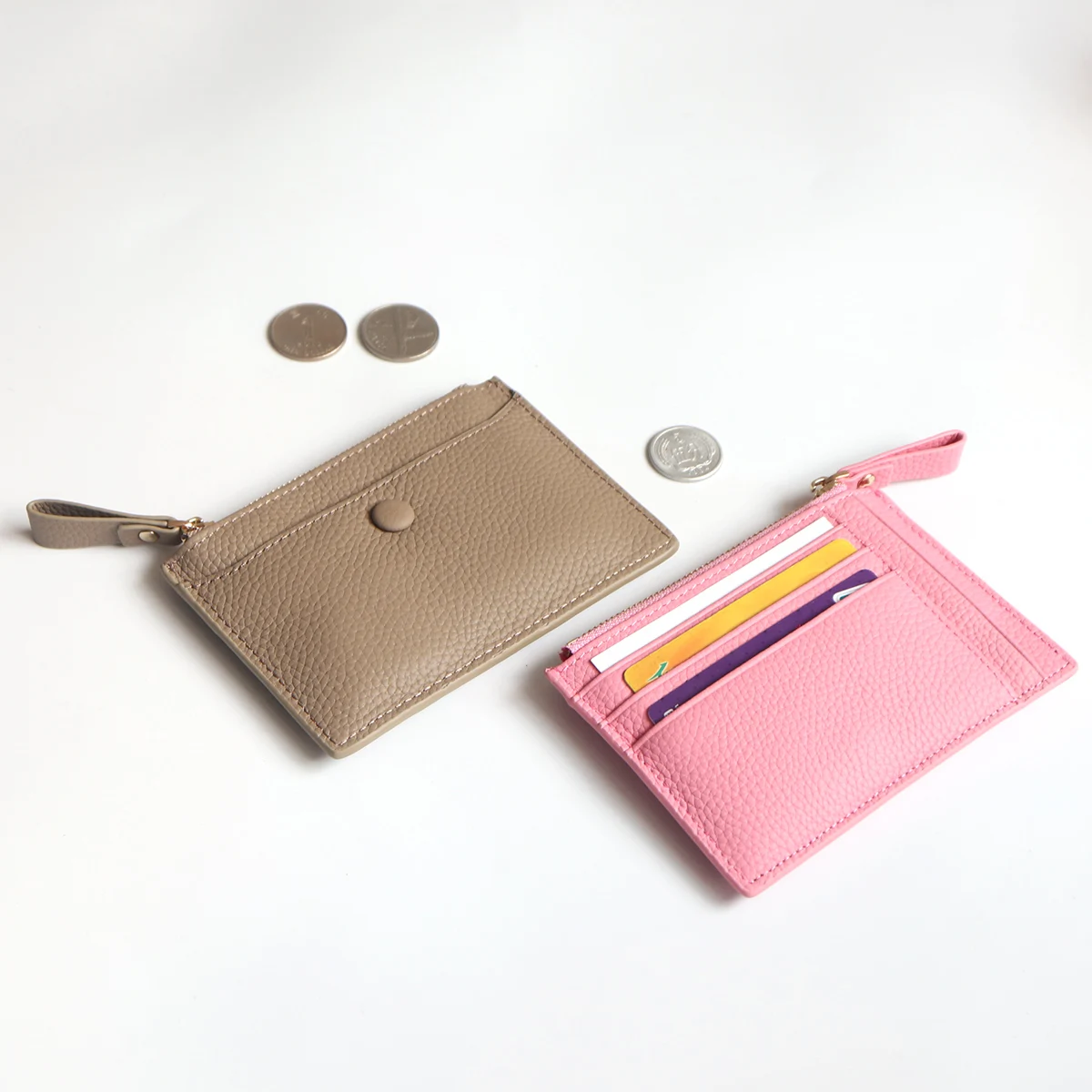 Genuine Leather Zip Card Holder Wallet Fashion Women Short Wallet With Keychain Cowhide Small Card Case Coin Purse