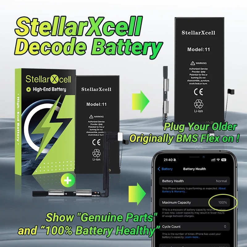 Decode Battery No important message Show 100% genuine StellarXcell Battery For iPhone 11 Pro Max 12 13 14 13 mini 15 plus image 2