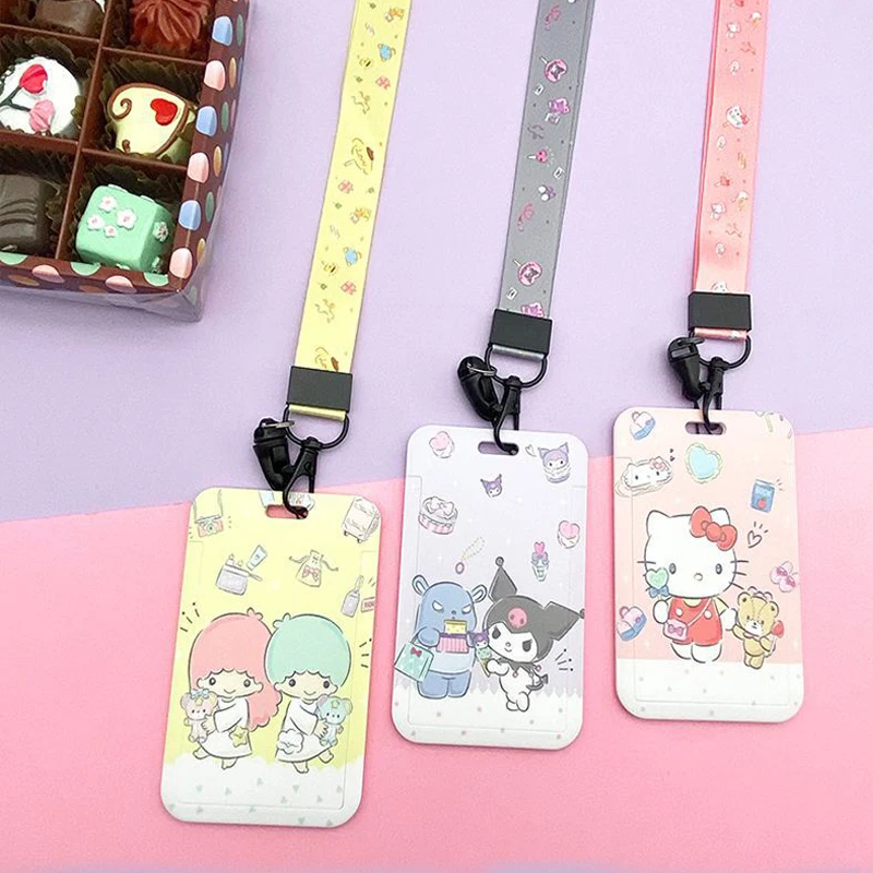 Hello Kitty ID Badge Holder Lanyards My Melody Cartoon Door Card Holders Neck Strap Girls Boys Sanrio Keychain Credential Gift