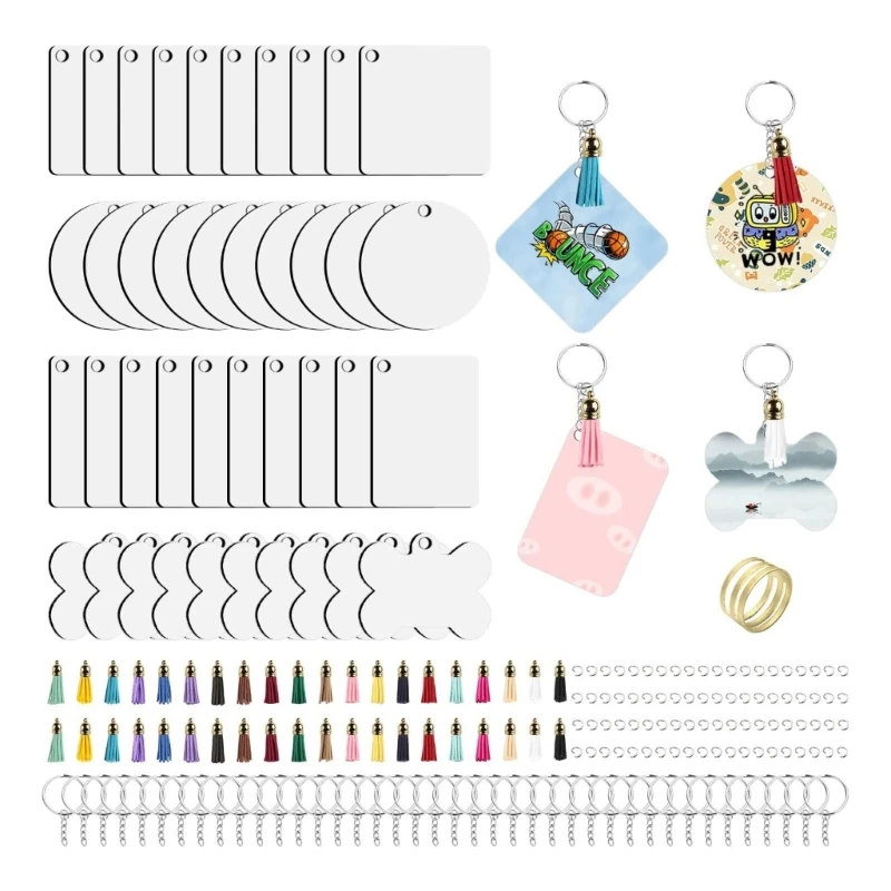 1 Set Fashion Wood Keychain Blanks Round/Square/Bone Shape Heat Press Transfer Double-sided Printing Keychain Blank Tassel