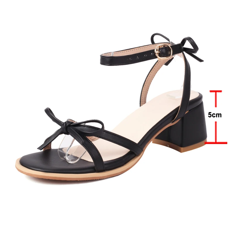 FOREADA Women Ankle Strap Sandals Round Toe Block Mid Heels Buckle Bow Ladies Fashion Casual Shoes Summer Black White Pink 45