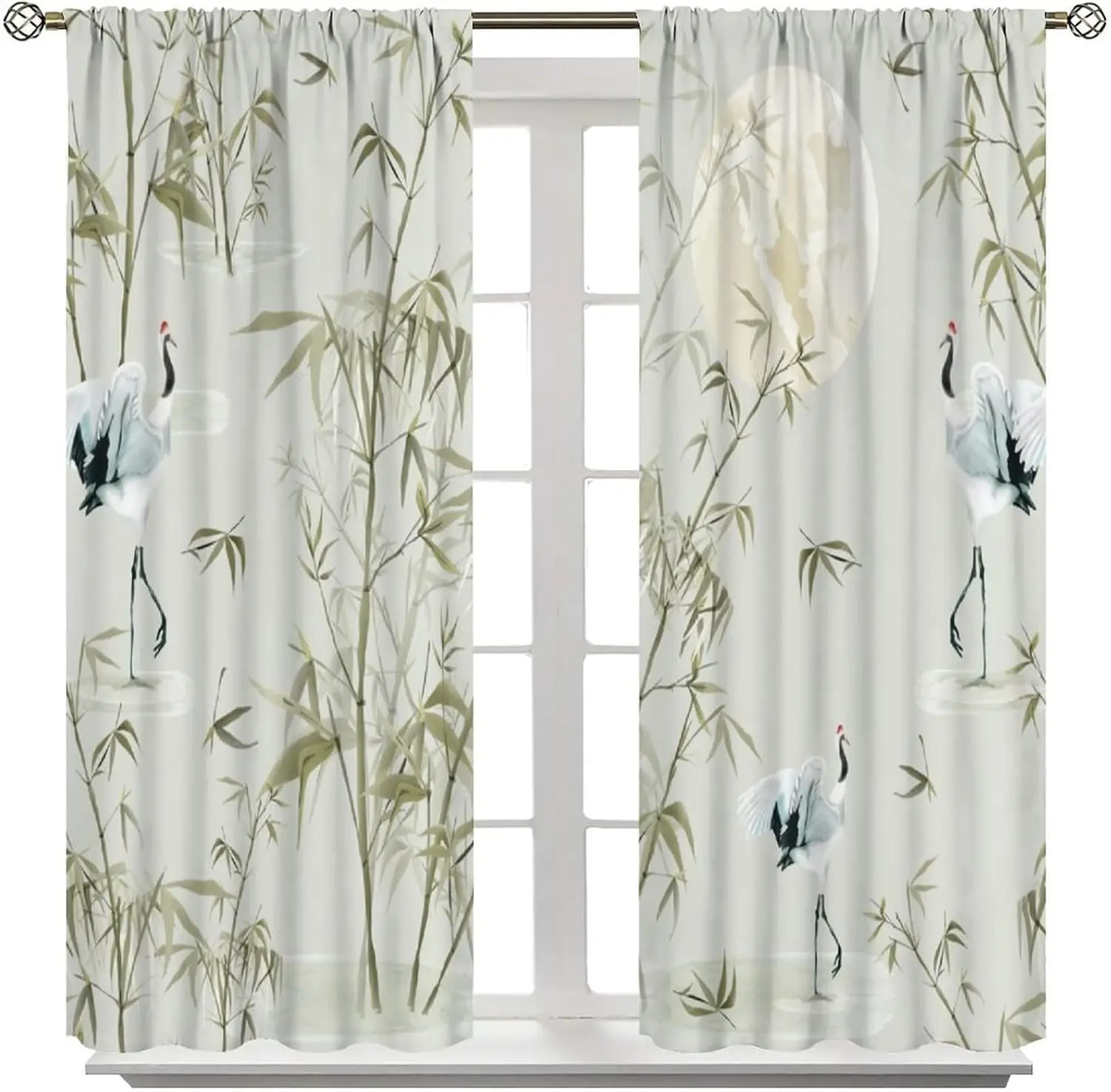Elegant Bamboo Crane Moon Curtains 2pcs Pair Asian Window Drapes Zen Style Forest Pattern Curtains for Living Room Bedroom Home