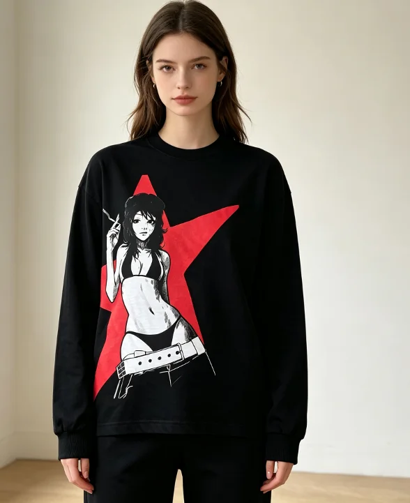 Retro anime girl red star pattern long sleeved T-shirt for men and women white long sleeved retro punk streetwear unisex T-shirt