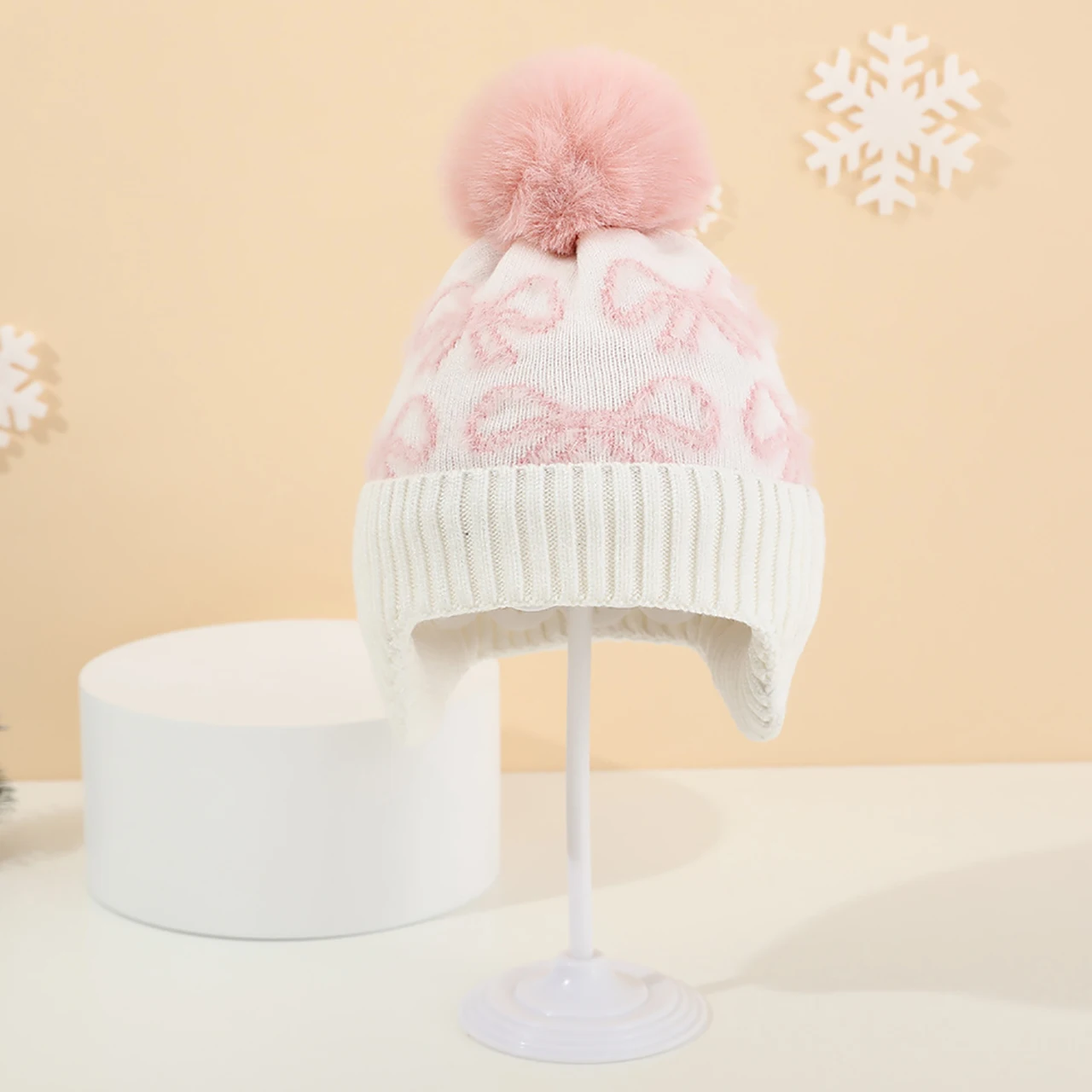 

Pink Plush Bow Girls Knitted Hat Pompom Ball Beanie 8-24Month Kids Winter Warm Pullover Cap Velvet Lining Baby Crochet Bonnet