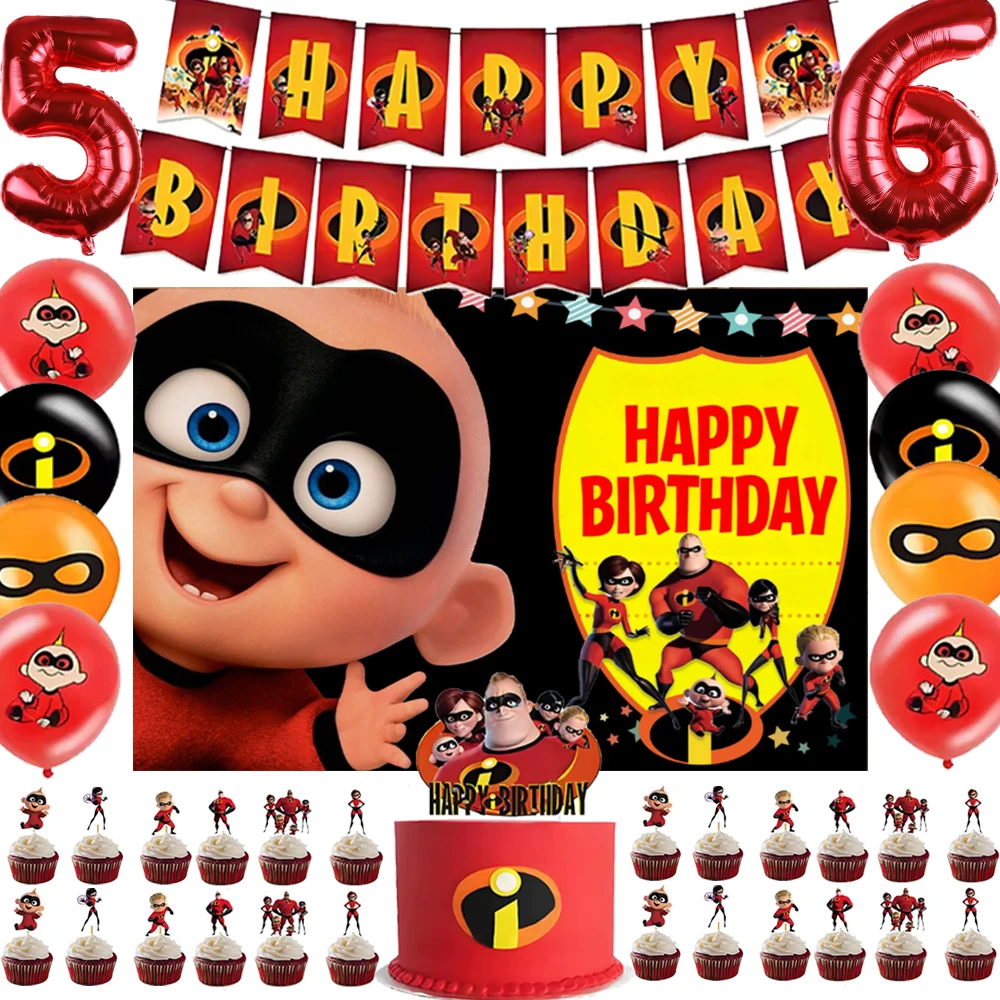 

Cartoon The Incredibles Birthday Party Decoration Supplies Red Balloons Cupcake Toppers Banner Child Photography Props Kid Gifts