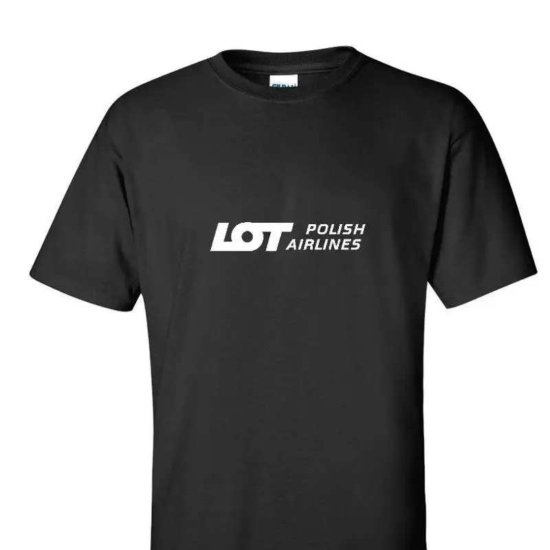 LOT Polish Airlines White Logo Aviation Black Cotton T Shirt