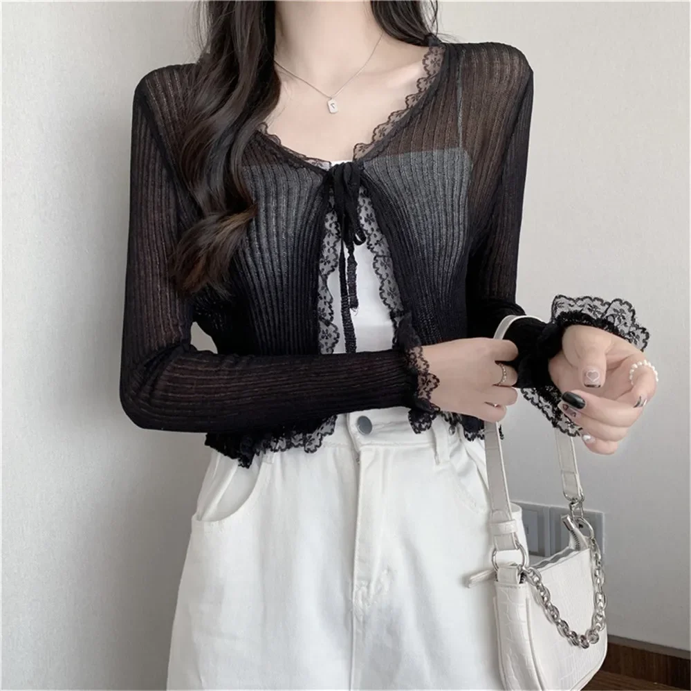 

Korean Summer Cropped Cardigan Women New Basics Slim Lace Long Sleeve Thin See Through Sweater Jacket Cover Tops 4 Colors ZY7974