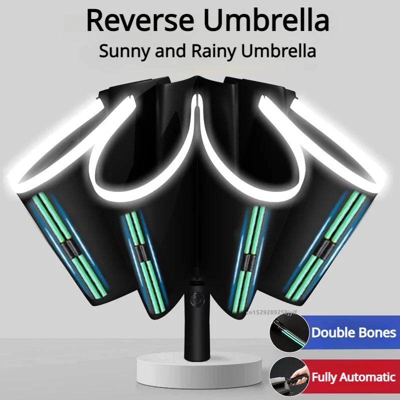 

Fully Automatic Reverse Folding Blackout Umbrella with Reflective Stripe UV Blocking Sun Umbrella Double Bones Windproof Parasol