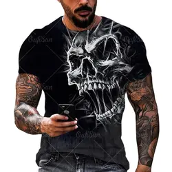 Camiseta estampada 3D com caveira de terror vintage masculina, decote em O, manga curta, solta, Tops grandes, casual, moda clássica, verão