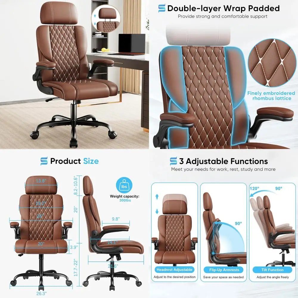 

Executive Leather Office Chair with Adjustable Headrest, Flip-up Padded Arms, and Lumbar Support for Ultimate Comfort