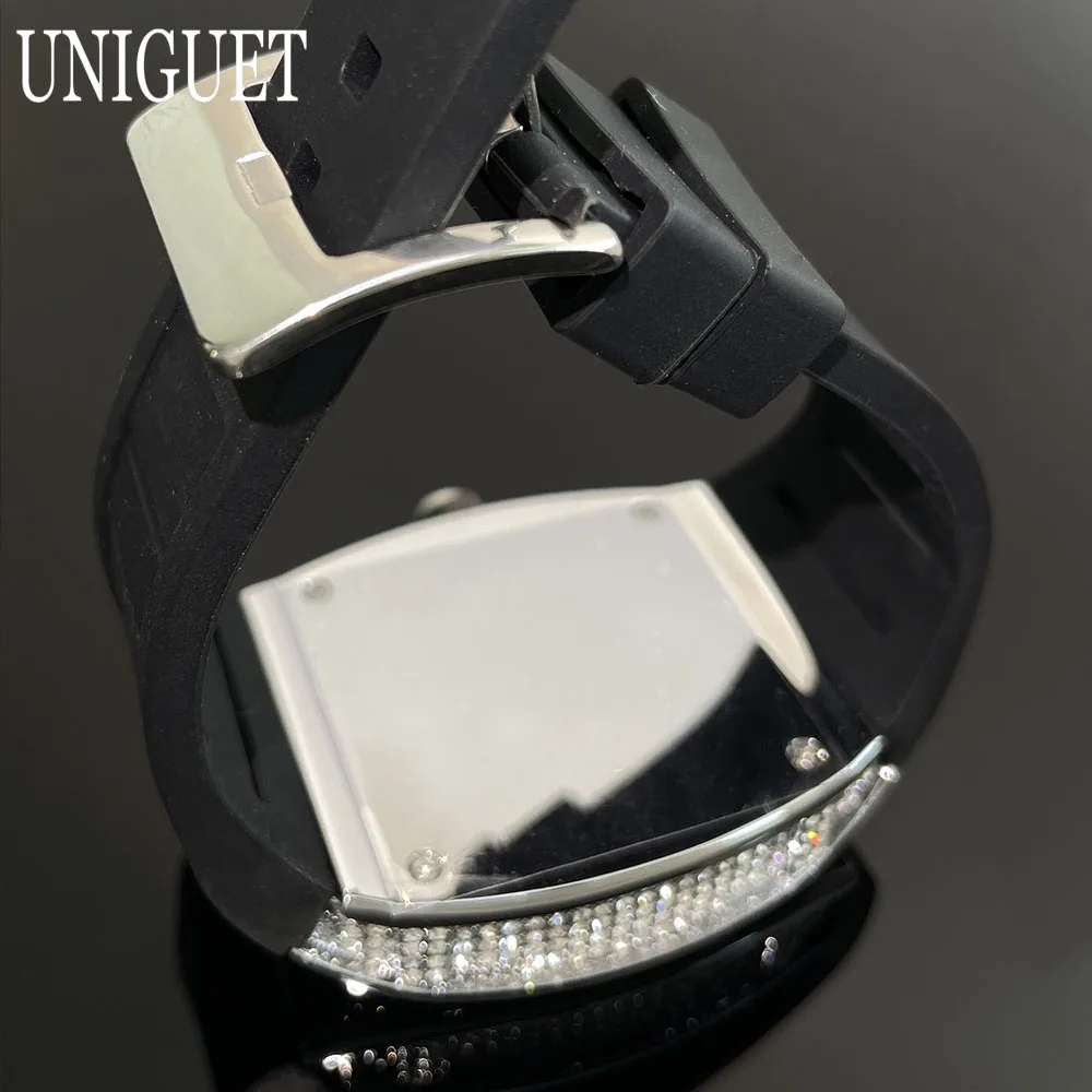 Hot Brand UNIGUET Iced Quartz Watch For Mens Sports Silicone Strap Watches Man Hip Hop Diamonds Tonneau Wristwatch Dropshipping