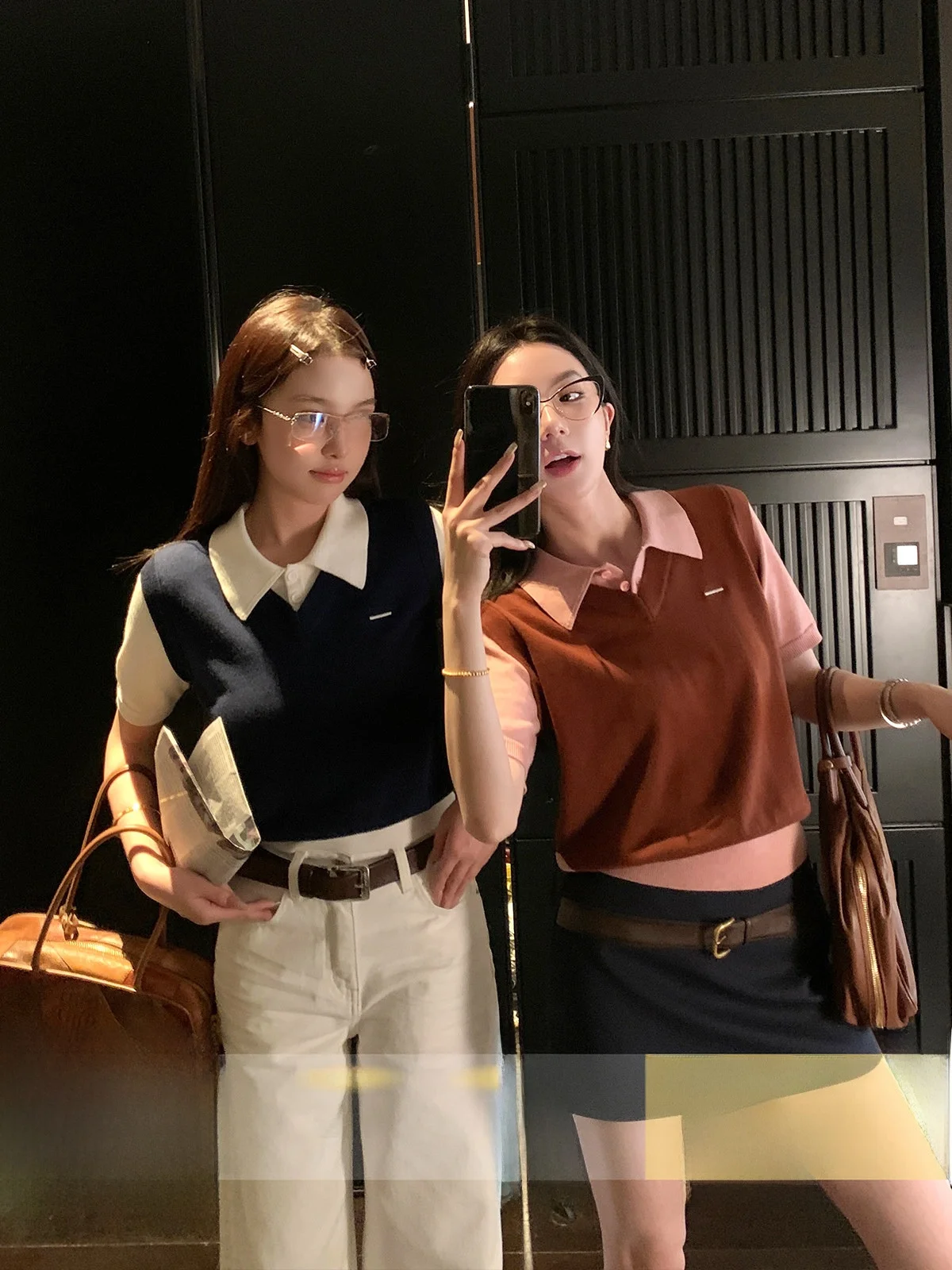 

Ouyang Lazy Style Short Sleeve Knitted Top Women's Summer Design Unique Vintage Fashion Pastiche Two-Piece Look Straight Cut