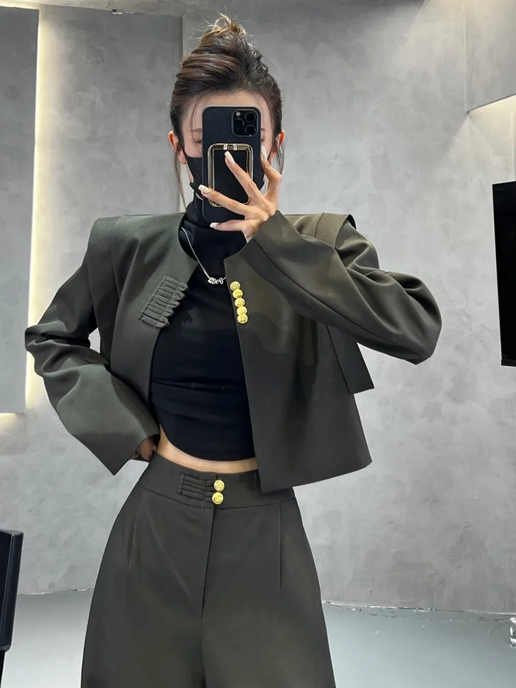 Blazer corto chino para mujer, conjunto de dos piezas, pantalones de pierna ancha, traje Retro informal con hebilla y cuello redondo, Otoño e