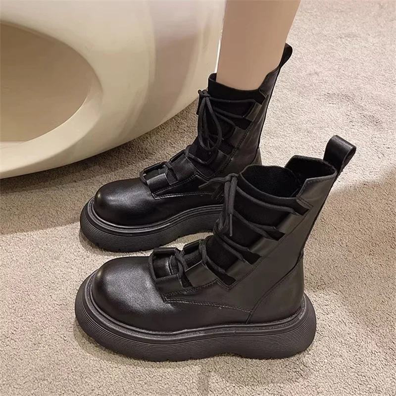 2023  Women Boots Spring Autumn Students Casual Fashion Shoes Lace-up Cross-tied Solid Round Toe Square Heel Boots