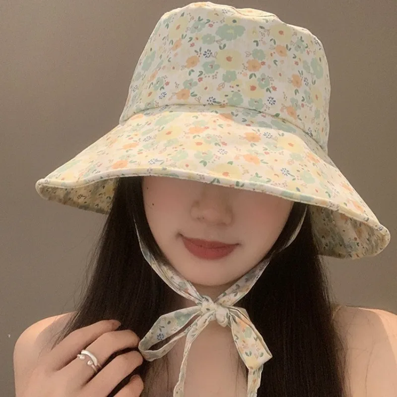 

Japanese Fashion Cute Sweet Floral Bucket Hat Women's Summer Thin Big Brim Sunshade Foldable Lace-up Breathable Sun Cap Gorras