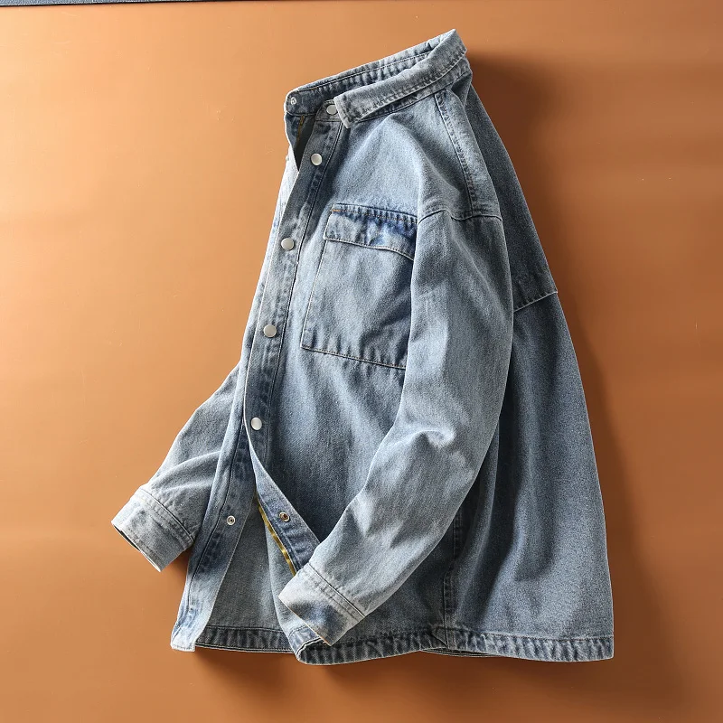 

Retro Waed Long Sve Denim irt Men's Sli Casual Collar Jaet Coat American Sle Pure Color Spring Faion Loose Fit