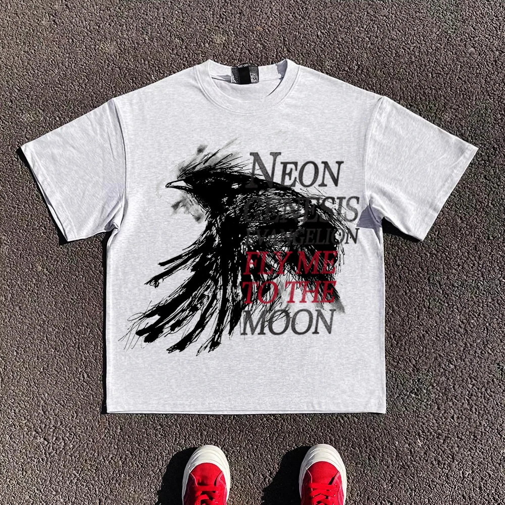 Heavyweight 260G Hand-Painted Eagle Graffiti Short-Sleeve T-Shirt Dark Color Oversize Fashionable Casual Wear