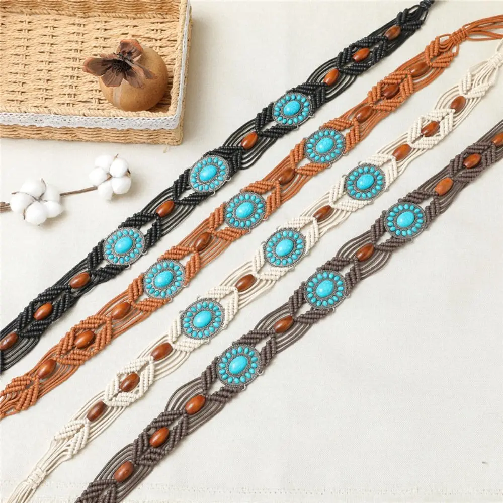 

Retro Unique Turquoise Dress Accessories Wooden Bead Wide Belts Woven Belt Bohemian Women Waist Chain Ethnic Style Belts