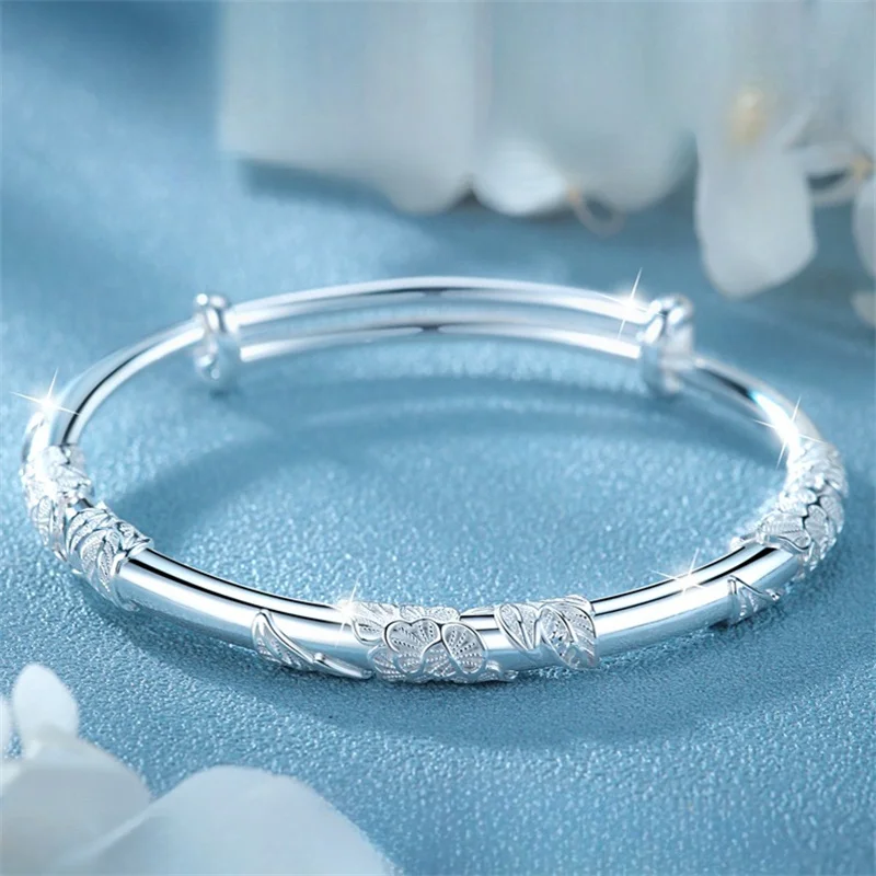 S999 Pure Silver Adjustable Push Pull Bangle For Women Lotus Flower Carved Bracelet Jewelry Birthday   Gift For irlfriend Wife