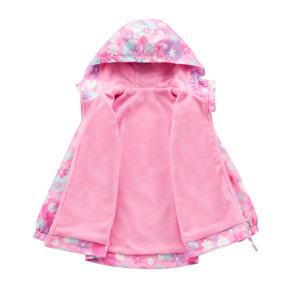 Autumn Children Plush Lined Windproof Coats 4-12T Spring Girls Full Sleeves Hooded Outer Jackets Pockets Elastic Cuffs Outerwear