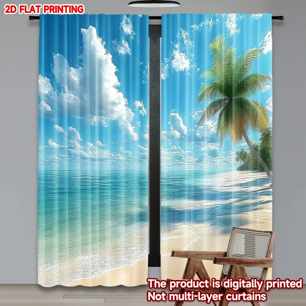 

2D flat printing 2pcs Curtain Tropical Palm Beach Scene Digital Printed Polyester Drapes Seasonal Party & Holiday Decor for