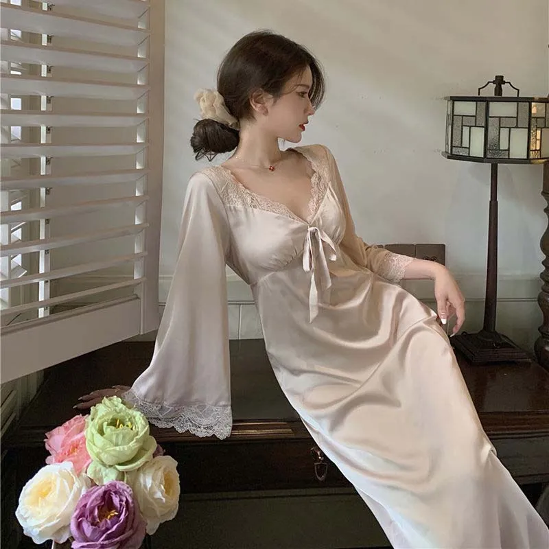 Women Nightgowns French Court Style Nightdress Solid V-neck Lace Bow Lace Long Dress Fairy Sweet Elegant Casual Chic Nightdress