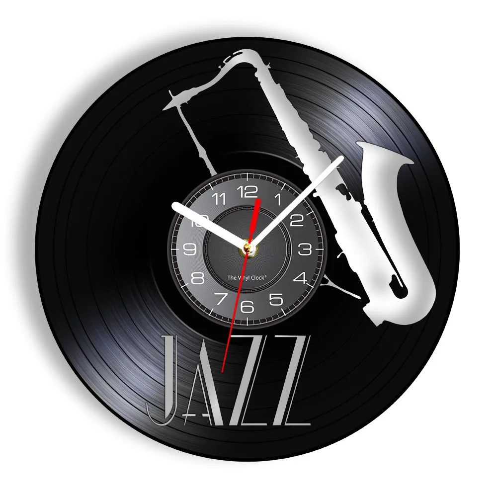 Jazz Musical Instrument Vinyl Record Wall Clock Musical Arts Saxophone Carved Album Music Record Clock Music Room Longplay Decor