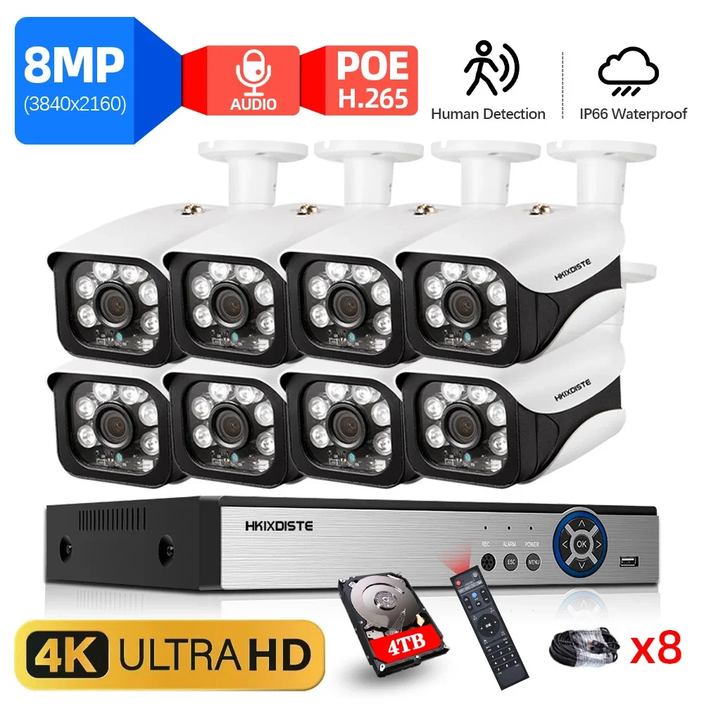 

4K Ultra HD 8MP POE NVR Kit Street Home CCTV Audio Record Security System IP Camera Outdoor Home Video Surveillance Camera Set