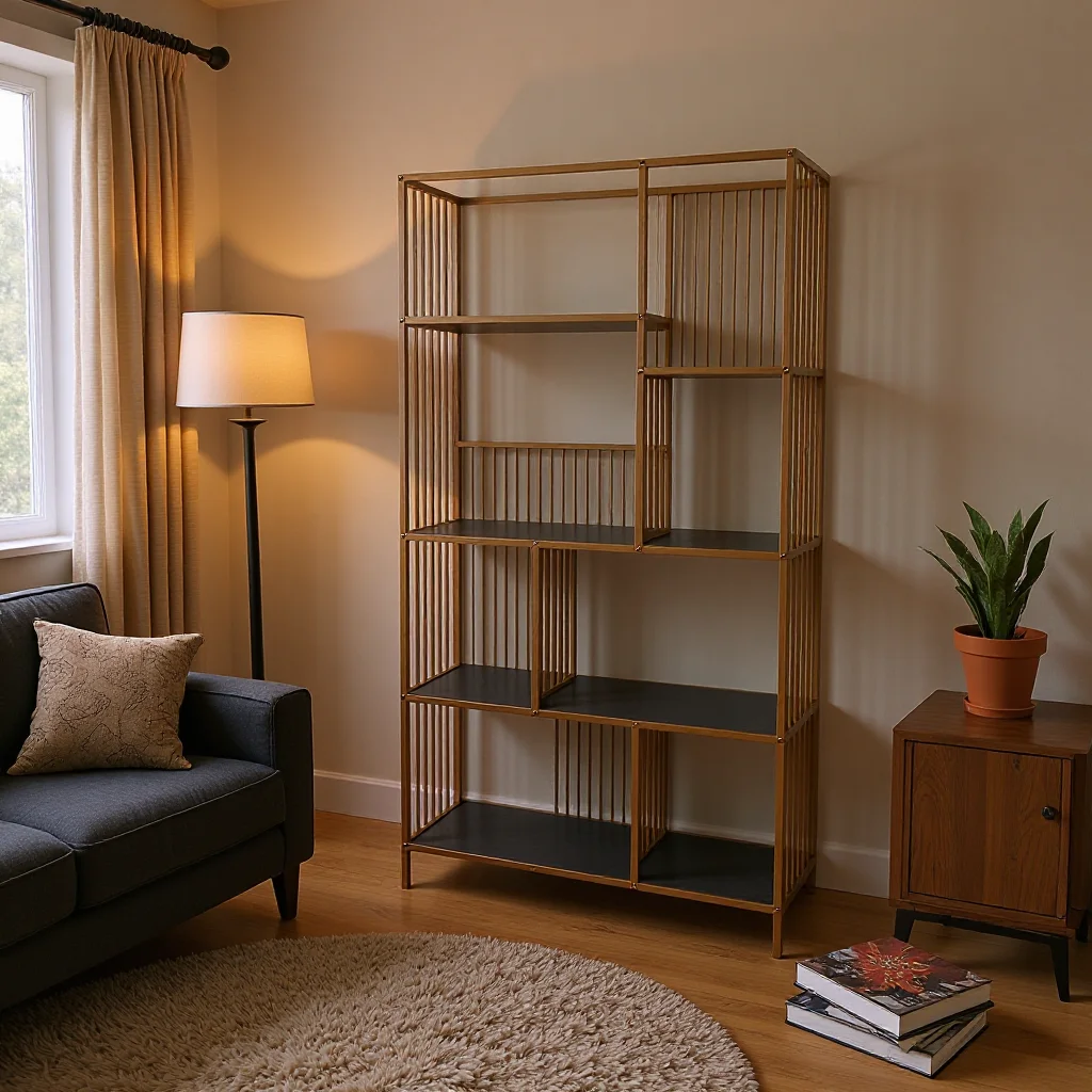 

Golden simple bookshelf multi-layer shelf European style living room partition iron and wood combined with creative