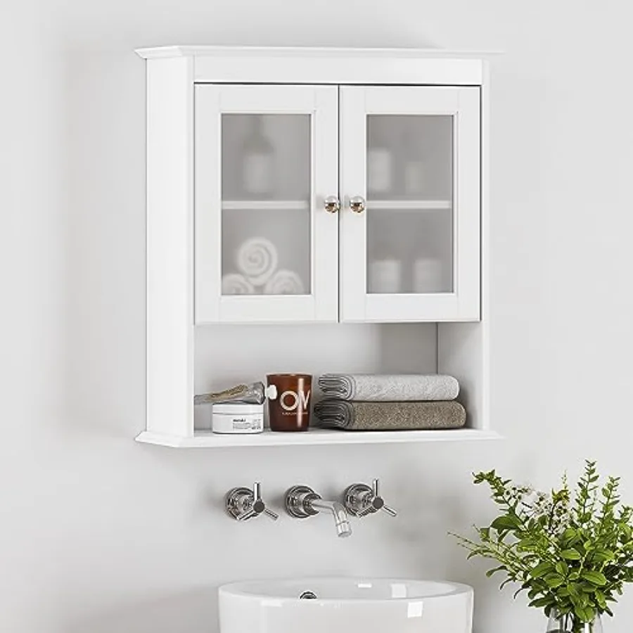 

Wall Mounted Bathroom Cabinet with Glass Doors and Adjustable Shelves Over Toilet Storage Organizer White